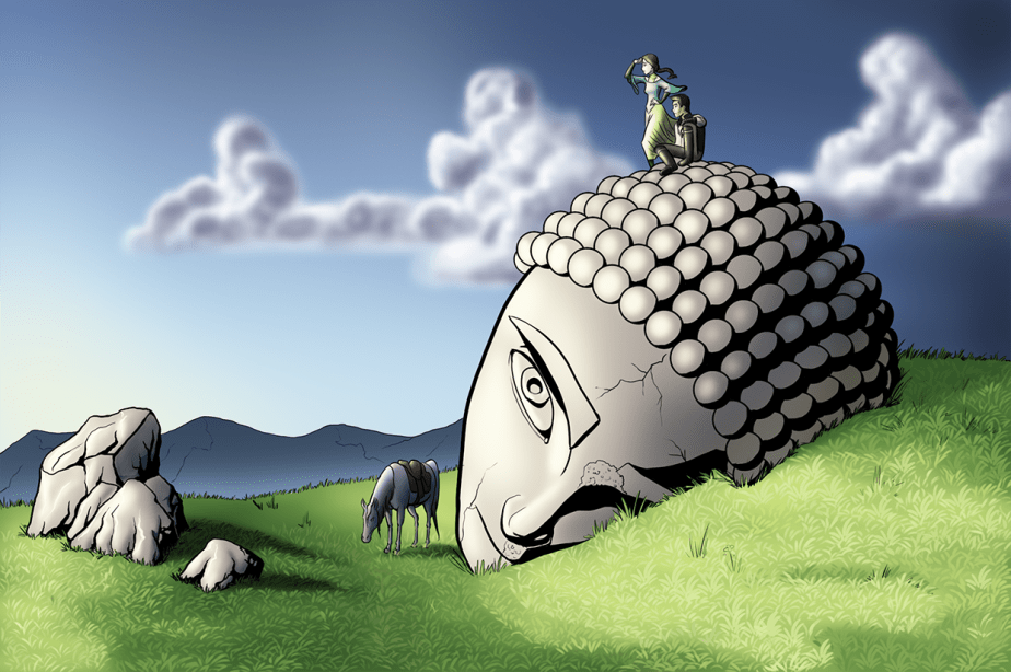 Mat and Adele stand on the ruins of a past civilization.