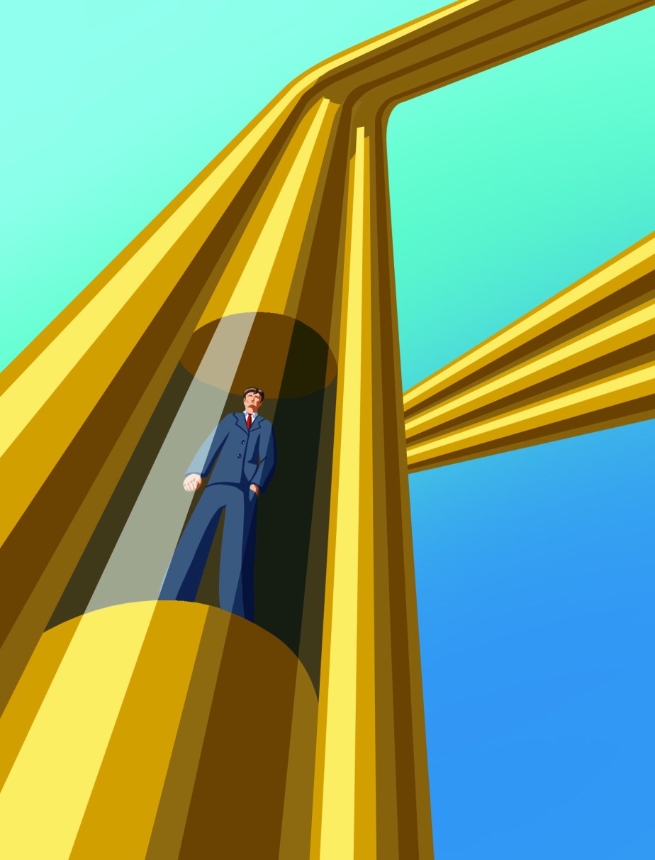 Man in tubular space age elevator